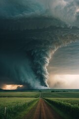 A beautiful tornado over a green agricultural field. Natural disaster, hurricane and storm concepts.