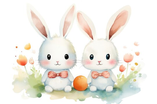 Illustration of Easter bunnies with egg on white background