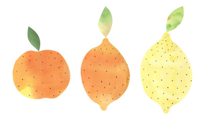 Set of fruits, orange orange and yellow lemon with green leaf, applique cut from watercolor paper on a white background