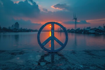 Peace sign on the water with sunset background. Concept of peace.