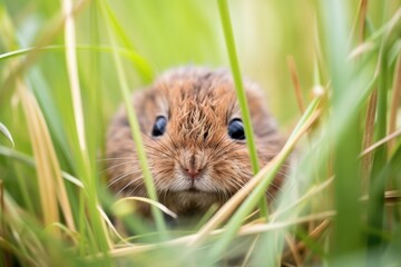 vole nestled in a clump of wild meadow grasses