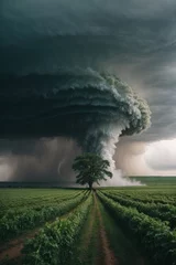 Fotobehang Dramatic view of a beautiful tornado over a green agricultural field. Natural disaster, hurricane and storm concepts. © liliyabatyrova