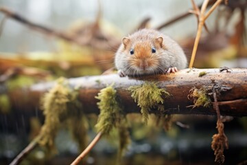 vole perched on a fallen branch overhanging grasses - obrazy, fototapety, plakaty