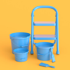 Set of folding ladder, bucket with paint rollers and brushes on monochrome.