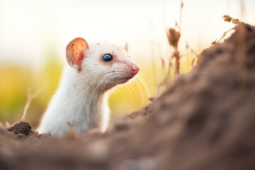 weasel with dirt on snout near burrow entrance