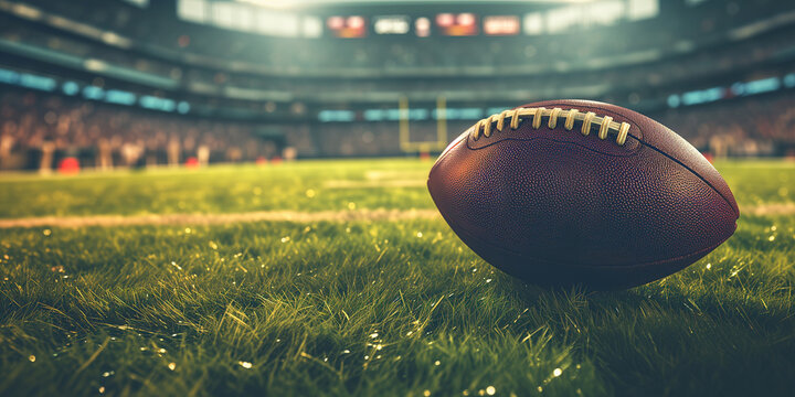 American Football ball on field of blurred stadium background