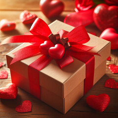 Romantic Elegance: Wooden Table Hosts Valentines Day Gift Box with Red Ribbon and Hearts.