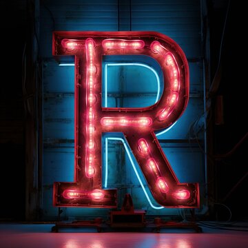 Alphabet capital letter R text. Futuristic neon glowing symbol, logo on dark grunge background.