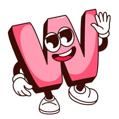 Groovy W alphabet letter cartoon character greeting. Funny retro font cartoon mascot with smile, funky pink W letter saying Hello, Hi or Bye. Hippie typeface sticker of 70s 80s vector illustration