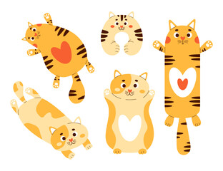 Collection big cats plush toys. Soft large anti-stress cuddly oversized pillow toy. Comfortable cute animal to sleep and play. Isolated vector illustrations in flat style