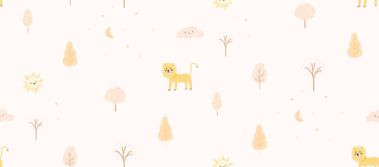 Cute boho kids pattern, seamless background with trees, hand drawn lion on light neutral background. Vector wallpaper design for nursery room
