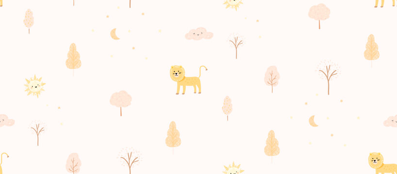 Cute boho kids pattern, seamless background with trees, hand drawn lion on light neutral background. Vector wallpaper design for nursery room