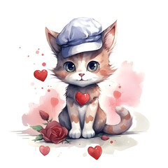 Valentine kitten, cute kitten, baby cat, love day. watercolor illustrations