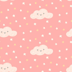Cute pink baby pattern, stars and sleepy cloud. Pajama print design, nursery room boho collection. Vector seamless background.