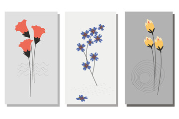 Set of three frames with abstract flowers for postcard design, wall decor, cover art. Vector illustration in minimalism style