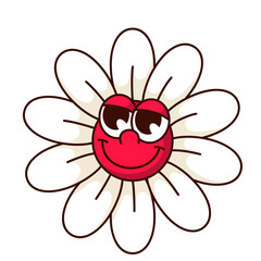 Groovy daisy flower cartoon character smiling. Funny retro floral mascot, trippy smile of cartoon happy daisy with red face and psychedelic look, emoji and sticker of 70s 80s vector illustration
