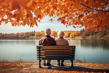 AI generated picture image of two people wife and husband enjoying beautiful autumn weather looking at a lake