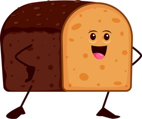 Cartoon funny rye bread character. Isolated vector cheerful doughy bakery personage with brown crust and warm friendly smile. Funny freshly baked kawaii product ready for a delightful adventure