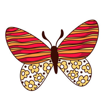 Groovy cartoon butterfly with psychedelic wavy pattern and flowers on wings. Funny retro insect mascot, cartoon flying butterfly with hippie vibe, funky sticker of 70s 80s vector illustration