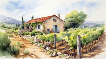 Fototapeta na wymiar Rustic Charm in Watercolor: Traditional Stone House with Breathtaking Vineyard