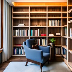 A cozy reading corner with a built-in bookshelf and oversized armchair1