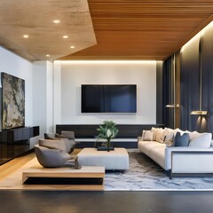 A modern gallery-style living room with sleek furniture and art displays1