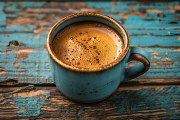 A green ceramic cup of hot black coffee on a green wooden table, copy space