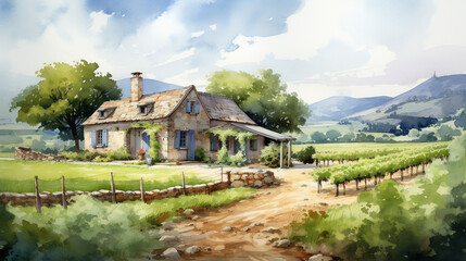 Rustic Charm in Watercolor: Traditional Stone House with Breathtaking Vineyard