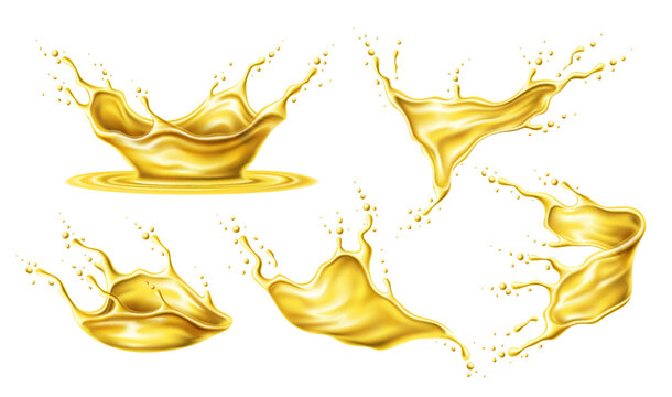Oil splashes. Motor oil, juice and beer swirls. Isolated realistic 3d vector yellow glistening drips with splashing drops in motion. Liquid honey, beverage, nectar or fuel fluids captured mid-air