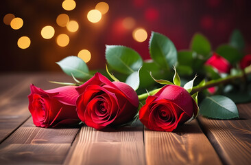 red roses on wooden table. 