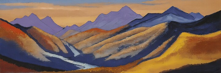 Beautiful mountain landscape. Bright colorful panorama of nature. Mountain peaks. Painting with...