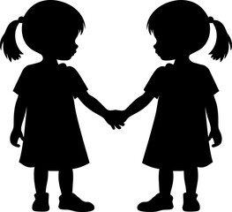 Little twins hand in hand silhouette in black color. Vector template for laser cutting wall art.