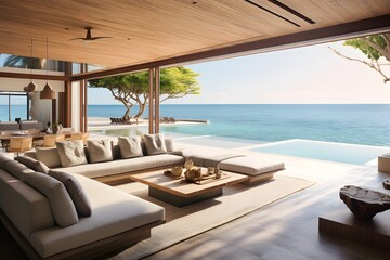 Fototapeta premium An airy and open modern interior of a beachfront villa