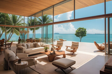 Fototapeta premium The stylish, open-plan interior of a beachfront villa