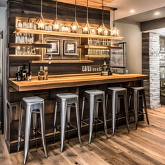 A vintage-inspired home bar with a reclaimed wood counter and retro stools1