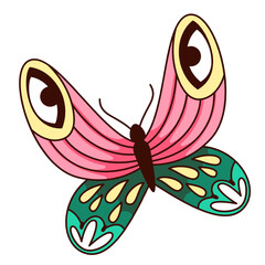 Groovy cartoon butterfly with trippy eyes pattern on pink and green wings. Funny retro magic insect mascot, butterfly with cartoon floral details, esoteric boho hippy sticker vector illustration