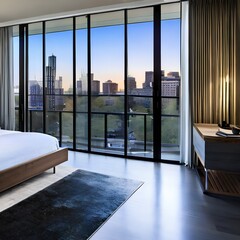 A contemporary bedroom with a platform bed and floor-to-ceiling windows3