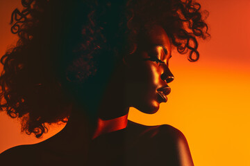 Mulher afro com luzes e sombras em seu rosto em um fundo artístico - Fundo de tela  - obrazy, fototapety, plakaty