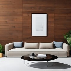A modern gallery-style living room with sleek furniture and art displays3