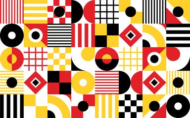 Black, red and yellow modern abstract geometric Bauhaus pattern, vector background. Minimal shapes and colors pattern of Bauhaus style with abstract circle, triangle and rectangle mosaic pattern