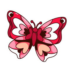Groovy cartoon butterfly with red heart frames on wings. Funny retro flying insect mascot with cartoon bright pattern and antennae, magic love decoration and butterfly sticker vector illustration
