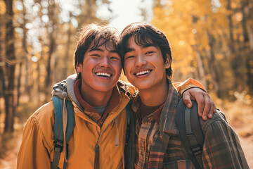 Two Male Friends Smiling Outdoors. Friendship Concept