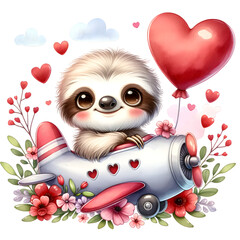 Cute Sloth Heart Flowers Valentine's Day Illustration. Baby Animal Clipart