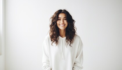 Obraz premium Diseño de ropa de calle. Mujer joven y hermosa con camisa blanca en blanco, listo para su diseño o logotipo.