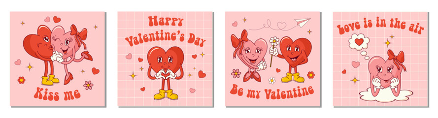 Set with groovy hearts cards for Valentine's Day. Happy Valentine's Day. Kiss me. Be my Valentine. Love is in air. Vector illustration for postcard, posters. Trendy retro 60s, 70s cartoon style.