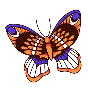 Groovy cartoon butterfly with psychedelic pattern. Funny retro boho animal mascot, butterfly with ornate wings flying to flower, bohemian artwork and cartoon sticker of 70s 80s vector illustration