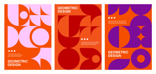 Modern geometric abstract posters with Bauhaus patterns. Business presentation cover page vector background, company poster or flyer template with Bauhaus red, purple and orange geometric patterns - 705680571