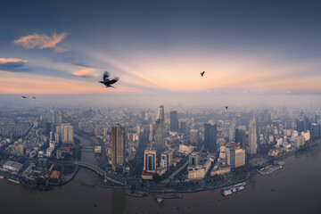 Aerial photo of downtown Ho Chi Minh City, Vietnam's largest city with high-rise buildings next to...