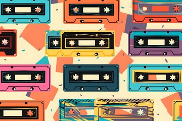 Seamless pattern with vintage cassette
