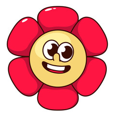 Groovy flower cartoon character laughing. Funny retro mascot, silly laugh of cartoon flower with glossy red petals and wide smile with teeth, hippy floral sticker of seventies vector illustration
